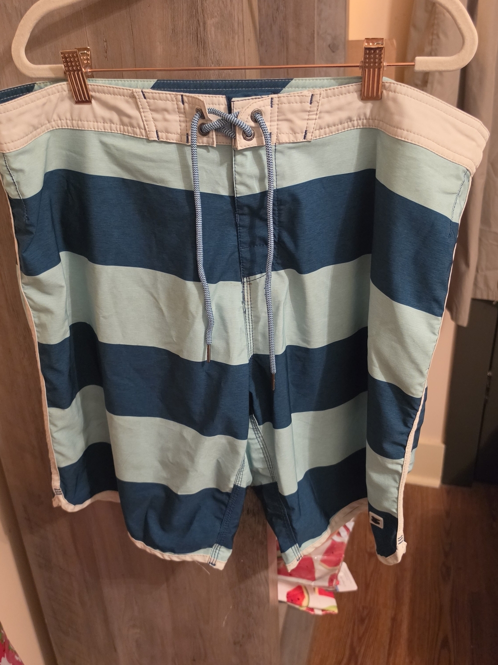 Men's Striped Blue Board Shorts with Drawstring